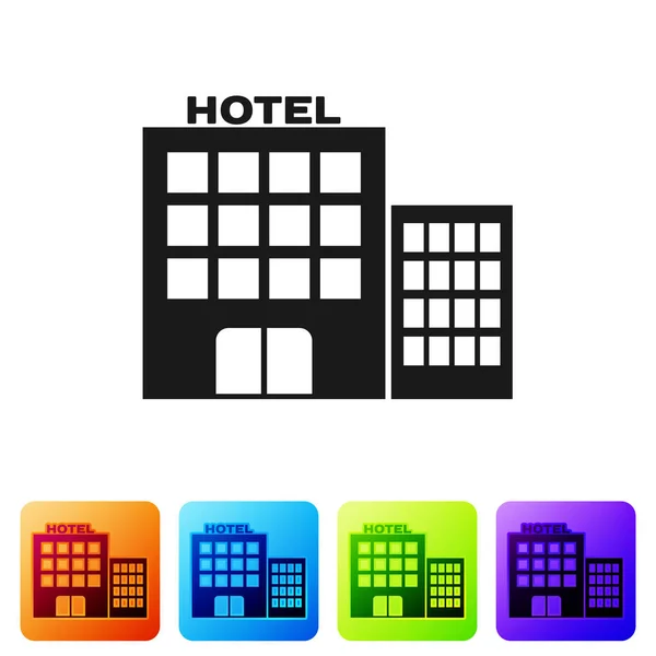 Icono del edificio del Hotel Negro aislado sobre fondo blanco. Establecer icono en los botones cuadrados de color. Ilustración vectorial — Vector de stock