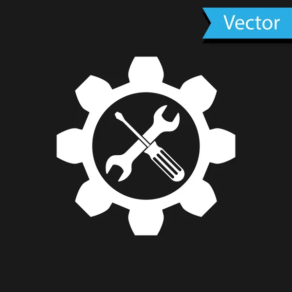 Weißes Wartungssymbol - Schraubenschlüssel und Schraubendreher im Schaltwerk-Symbol isoliert auf schwarzem Hintergrund. Service-Tool-Symbol. Vektorillustration — Stockvektor