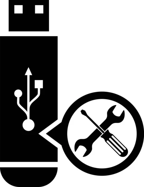 Svart USB-minne med skruvmejsel och skiftnyckelikon isolerad på vit bakgrund. Justering, service, inställning, underhåll, reparation, fixering. Vektor illustration — Stock vektor