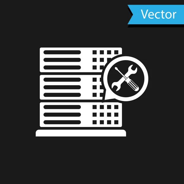 Servidor de banco de dados branco com chave de fenda e ícone de chave de fenda isolado no fundo preto. Ajuste, serviço, configuração, manutenção, reparação, fixação. Ilustração vetorial —  Vetores de Stock