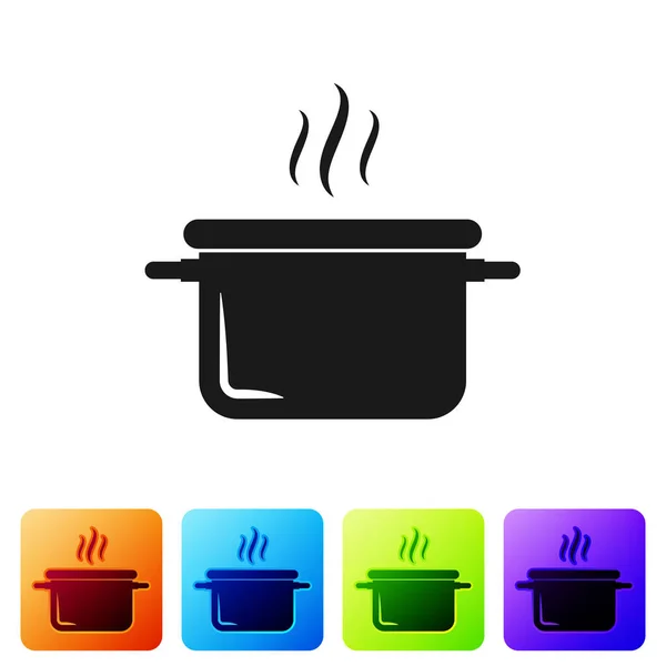 Black Cooking pot icon isolated on white background. Boil or stew food symbol. Set icon in color square buttons. Vector Illustration — Stock Vector