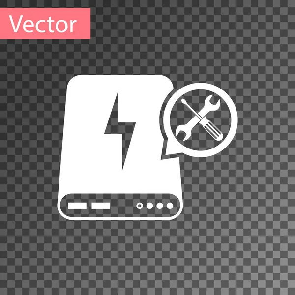 Weiße Powerbank mit Schraubenzieher und Schraubenschlüssel-Symbol isoliert auf transparentem Hintergrund. Anpassung, Service, Einstellung, Wartung, Reparatur, Reparatur. Vektorillustration — Stockvektor