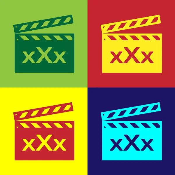 Farbfilm-Klöppel mit Beschriftung xxx-Symbol isoliert auf farbigem Hintergrund. Symbol für Altersbeschränkung. 18 plus Content-Zeichen. Erwachsenensender. Vektorillustration — Stockvektor