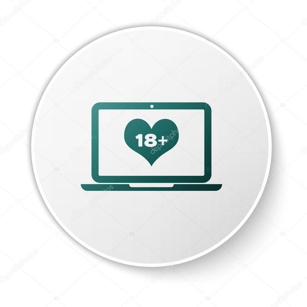 Green Laptop computer with 18 plus content heart icon isolated on white background. Age restriction symbol. 18 plus content sign. Adult channel. White circle button. Vector Illustration