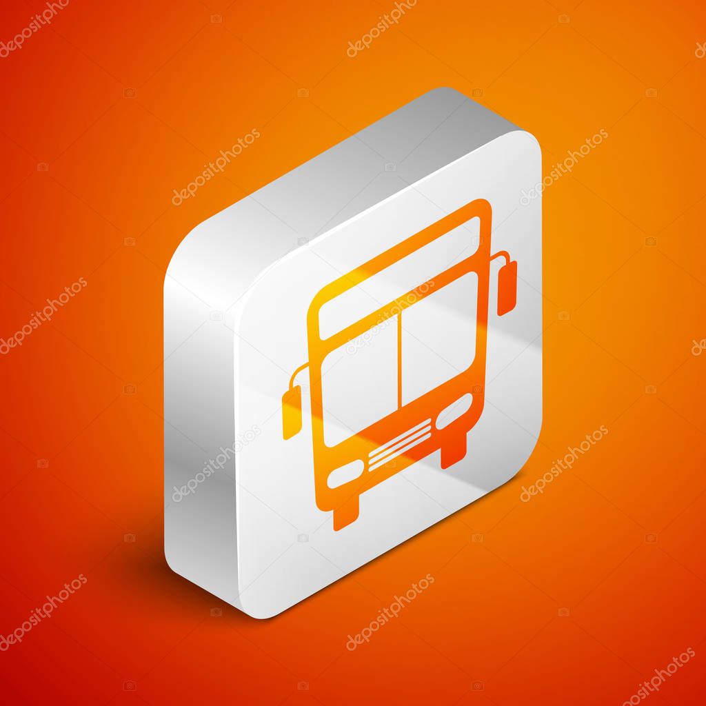 Isometric Bus icon isolated on orange background. Transportation concept. Bus tour transport sign. Tourism or public vehicle symbol. Silver square button. Vector Illustration