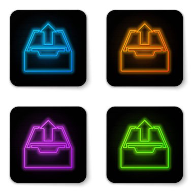 Parlayan Neon beyaz arka planda yalıtılmış gelen kutusu simgesini yükleyin. Arşivden dosyaları ayıklayın. Siyah kare düğmesi. Vektör Illustration