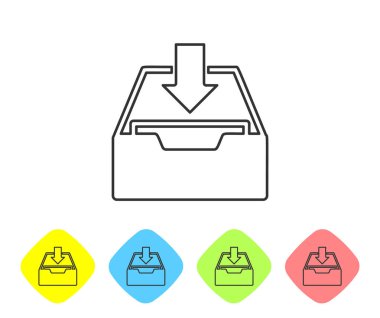 Gri çizgi beyaz arka planda izole gelen kutusu simgesini Indirin. Arşivine Ekle. Renk Rhombus düğmelerinde simgesini ayarlayın. Vektör Illustration