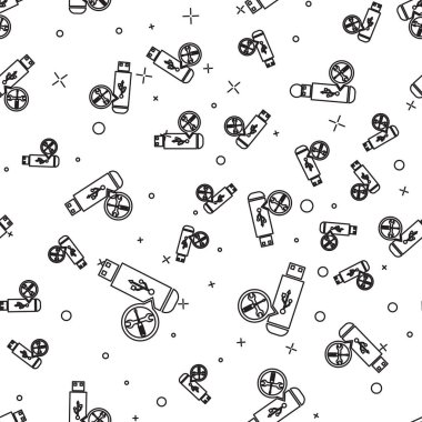 Beyaz arka planda tornavida ve anahtar simgesi izole Dikişsiz desen ile siyah çizgi USB flash sürücü. Ayarlama, hizmet, ayarlama, bakım, onarım, sabitleme. Vektör Illustration