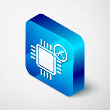 Beyaz arka planda yalıtılmış tornavida ve anahtar simgesi ile izometrik Işlemci. Ayarlama, hizmet, ayarlama, bakım, onarım, sabitleme. Mavi kare düğmesi. Vektör Illustration
