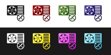 Siyah ve beyaz arka planda yalıtılmış tornavida ve anahtar simgesi ile Klima ayarlayın. Ayarlama, hizmet, ayarlama, bakım, onarım, sabitleme. Vektör Illustration