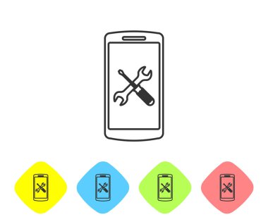 Beyaz arka planda yalıtılmış tornavida ve anahtar simgesi ile gri hat smartphone. Ayarlama, hizmet, ayarlama, bakım, onarım, sabitleme. Renk Rhombus düğmelerinde simgesini ayarlayın. Vektör Illustration