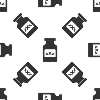 Potens için haplar ile gri tıp şişesi, beyaz arka planda afrodizyak simgesi izole Dikişsiz desen. Erkekler ve kadınlar için seks hapları. Vektör Illustration