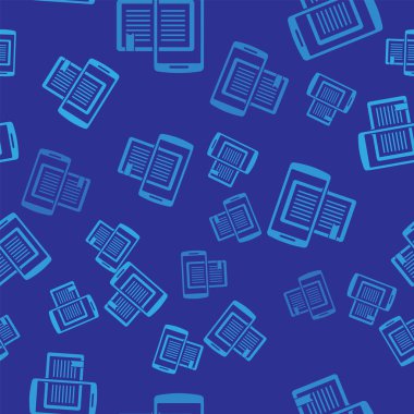 Mavi akıllı telefon ve kitap simgesi mavi arka planda izole Dikişsiz desen. Çevrimiçi öğrenme veya e-öğrenme konsepti. Vektör Illustration