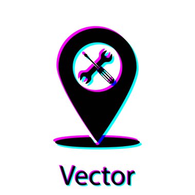 Siyah konumu ile çapraz tornavida ve anahtar araçları simgesi beyaz arka planda izole. İşaretçi ayarları sembolü. Vektör Illustration