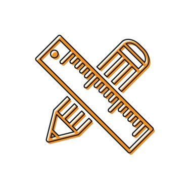 Turuncu çapraz cetvel ve beyaz arka planda izole kalem simgesi. Düz sembolü. Çizim ve eğitim araçları. Vektör Illustration