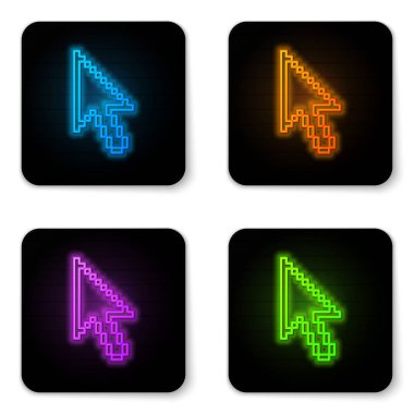 Parlak neon piksel ok imleç simgesi beyaz arka planda yalıtılmış. Siyah kare düğmesi. Vektör Illustration