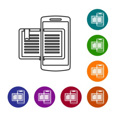 Gri çizgi Smartphone ve kitap simgesi beyaz arka planda izole. Çevrimiçi öğrenme veya e-öğrenme konsepti. Renk daire düğmelerinde simgeyi ayarlayın. Vektör Illustration