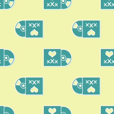 Yeşil disk yazıt xxx simgesi ile sarı arka planda izole Dikişsiz desen. Yaş kısıtlama sembolü. 18 artı içerik işareti. Yetişkin kanalı. Vektör Illustration