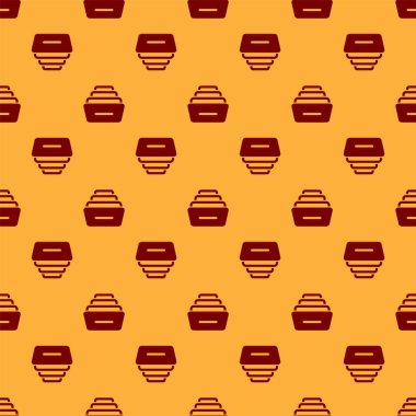 Kırmızı çekmece belgeleri ile kahverengi arka planda izole Dikişsiz desen simgesi. Arşiv kağıtları çekmecesi. Dosya dolabı çekmecesi. Ofis mobilyaları. Vektör Illustration