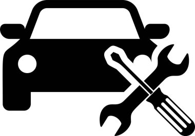 Siyah araba ile tornavida ve anahtar simgesi beyaz arka planda izole. Ayarlama, hizmet, ayarlama, bakım, onarım, sabitleme. Vektör Illustration