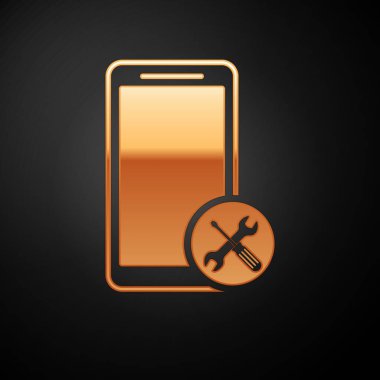 Siyah arka planda izole tornavida ve anahtar simgesi ile altın smartphone. Ayarlama, hizmet, ayarlama, bakım, onarım, sabitleme. Vektör Illustration