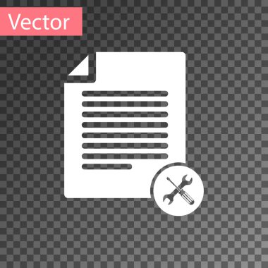 Şeffaf arka planda yalıtılmış tornavida ve anahtar simgesi ile beyaz dosya belgesi. Ayarlama, hizmet, ayarlama, bakım, onarım, sabitleme. Vektör Illustration