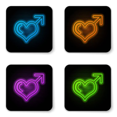 Parlayan Neon erkek cinsiyet sembolü ve kalp simgesi beyaz arka planda izole. Siyah kare düğmesi. Vektör Illustration