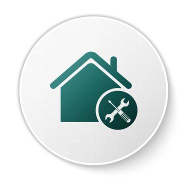 Yeşil ev veya beyaz arka planda izole tornavida ve anahtar simgesi ile ev. Ayarlama, hizmet, ayarlama, bakım, onarım, sabitleme. Beyaz daire düğmesi. Vektör Illustration