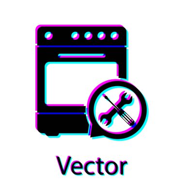 Beyaz arka planda yalıtılmış tornavida ve anahtar simgesi ile siyah fırın. Ayarlama, hizmet, ayarlama, bakım, onarım, sabitleme. Vektör Illustration