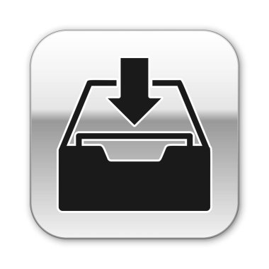 Siyah Download gelen kutusu simgesi beyaz arka planda yalıtılmış. Arşivine Ekle. Gümüş kare düğmesi. Vektör Illustration