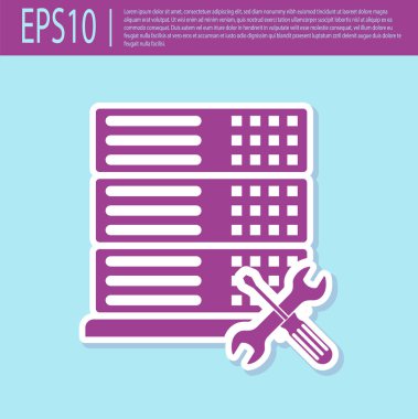 Retro mor turkuaz arka planda izole tornavida ve anahtar simgesi ile veritabanı sunucusu. Ayarlama, hizmet, ayarlama, bakım, onarım, sabitleme. Vektör Illustration