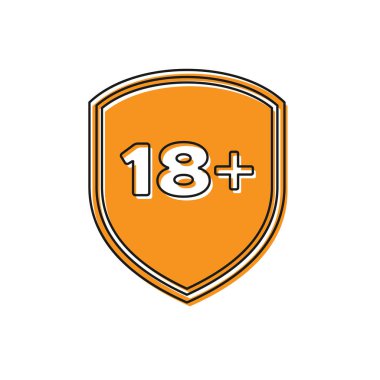 Turuncu kalkan yazıt 18 artı simgesi beyaz arka planda izole. Yalnızca yetişkinler için içerik. Koruma, emniyet, güvenlik, kavramı koruyun. Vektör Illustration