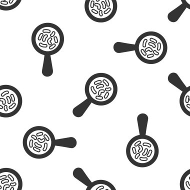 Büyüteç simgesi altında gri mikroorganizmalar beyaz arka planda izole Dikişsiz desen. Bakteri ve mikroplar, hücre kanseri, mikrop, virüs, mantar. Vektör Illustration