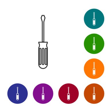Beyaz arka planda izole gri çizgi tornavida simgesi. Servis aracı sembolü. Renk daire düğmelerinde simgeyi ayarlayın. Vektör Illustration