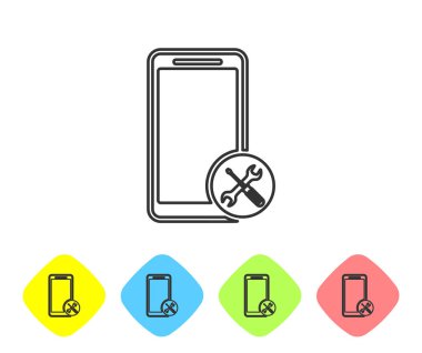 Beyaz arka planda yalıtılmış tornavida ve anahtar simgesi ile gri hat smartphone. Ayarlama, hizmet, ayarlama, bakım, onarım, sabitleme. Renk Rhombus düğmelerinde simgesini ayarlayın. Vektör Illustration