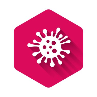 Beyaz bakteri simgesi uzun gölge ile izole edilmiştir. Bakteriler ve mikroplar, mikroorganizma hastalığı neden, hücre kanseri, mikrop, virüs, mantar. Pembe altıgen düğmesi. Vektör Illustration