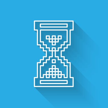 Beyaz çizgi kum saati piksel akan kum simgesi ile uzun gölge izole. Kum saati işareti. İş ve zaman yönetimi konsepti. Vektör Illustration