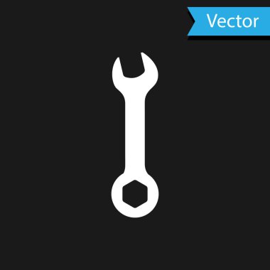 Siyah arka planda izole beyaz anahtar simgesi. Anahtar tamir aracı. Servis aracı sembolü. Vektör Illustration
