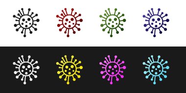 Siyah ve beyaz arka planda izole bakteri simgesini ayarlayın. Bakteriler ve mikroplar, mikroorganizma hastalığı neden, hücre kanseri, mikrop, virüs, mantar. Vektör Illustration