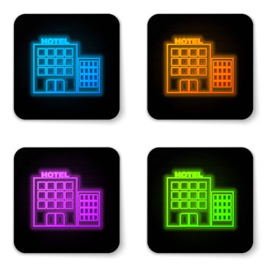 Parlak neon otel bina simgesi beyaz arka planda izole. Siyah kare düğmesi. Vektör Illustration