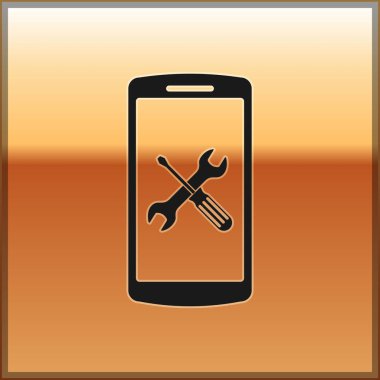 Siyah Smartphone tornavida ve anahtar simgesi altın arka planda izole. Ayarlama, hizmet, ayarlama, bakım, onarım, sabitleme. Vektör Illustration