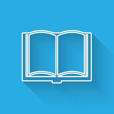 Beyaz çizgi açık kitap simgesi uzun gölgeyle izole edildi. Vektör İllüstrasyonu