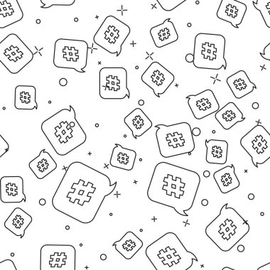 Siyah çizgi hashtag konuşma kabarcık simgesi izole Dikişsiz desen beyaz arka plan üzerinde. Sayı işareti kavramı, sosyal medya pazarlama, Mikro Bloglama. Vektör Illustration