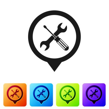 Siyah konumu ile çapraz tornavida ve anahtar araçları simgesi beyaz arka planda izole. İşaretçi ayarları sembolü. Renk kare düğmelerinde simgeyi ayarlayın. Vektör Illustration