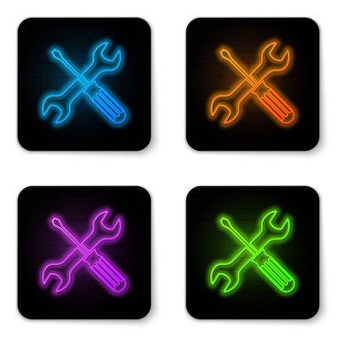 Parlak neon çapraz tornavida ve beyaz arka planda izole anahtar araçları simgesi. Servis aracı sembolü. Siyah kare düğmesi. Vektör Illustration