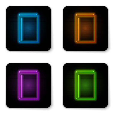 Parlak neon kitap simgesi beyaz arka planda izole. Siyah kare düğmesi. Vektör Illustration