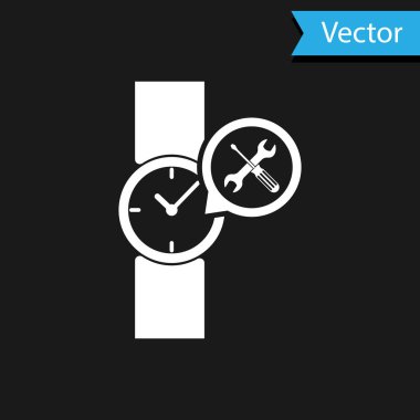 Siyah arka planda yalıtılmış tornavida ve anahtar simgesi ile beyaz bilek saati. Ayarlama, hizmet, ayarlama, bakım, onarım, sabitleme. Vektör Illustration