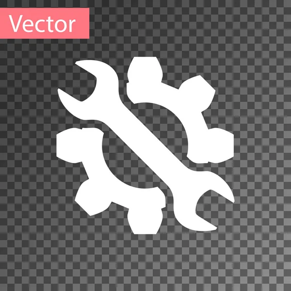 Llave blanca e icono de engranaje aislados sobre fondo transparente. Ajuste, servicio, ajuste, mantenimiento, reparación, fijación. Ilustración vectorial — Vector de stock