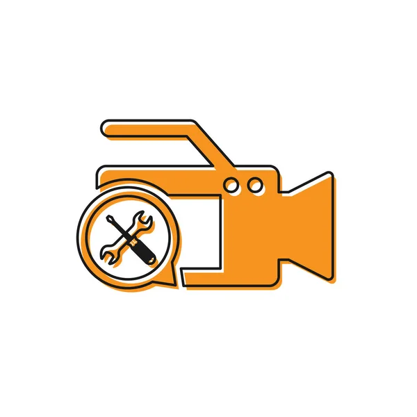 橙色摄像机与螺丝刀和扳手图标隔离在白色背景。调整、维修、设置、维护、修理、修理。矢量插图 — 图库矢量图片