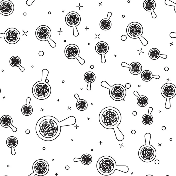 Línea negra Microorganismos bajo lupa icono aislado patrón sin costura sobre fondo blanco. Bacterias y gérmenes, cáncer de células, microbios, virus, hongos. Ilustración vectorial — Vector de stock